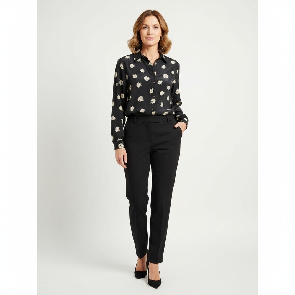 Vintage Tan Jay Womens Blouse Size 8 Black Off-White Greek Coin Print Button Up